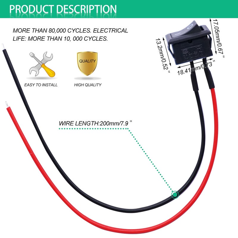 Twidec/10Pcs Rocker Switch AC 6A/250V 10A/125V SPST 2 Pins 2 Position ON/Off Car Boat Square Black Rocker Switch Toggle with Pre-soldered Wires KCD1-X-F - Image 4